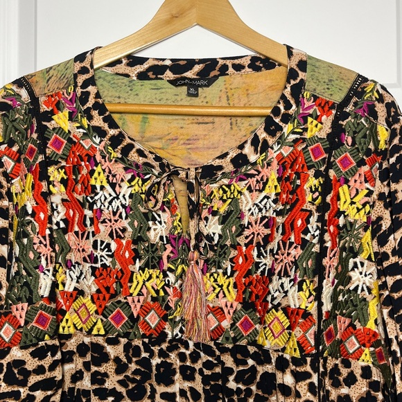 JOHN MARK Women Size XL Tunic Top Embroidered Mixed Print Tassel Artsy Boho - Picture 3 of 11